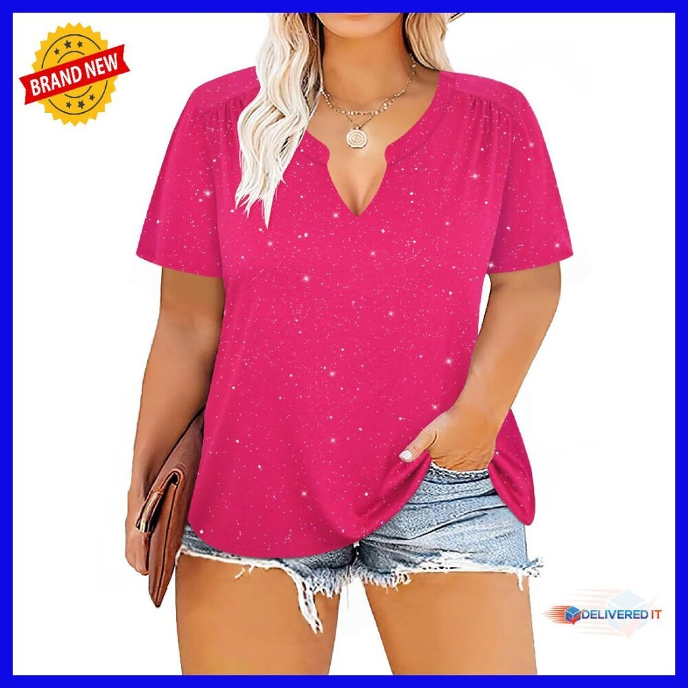 Plus Size V-Neck Tunic Blouse Summer Short Sleeve Pleated Top XL-5XL